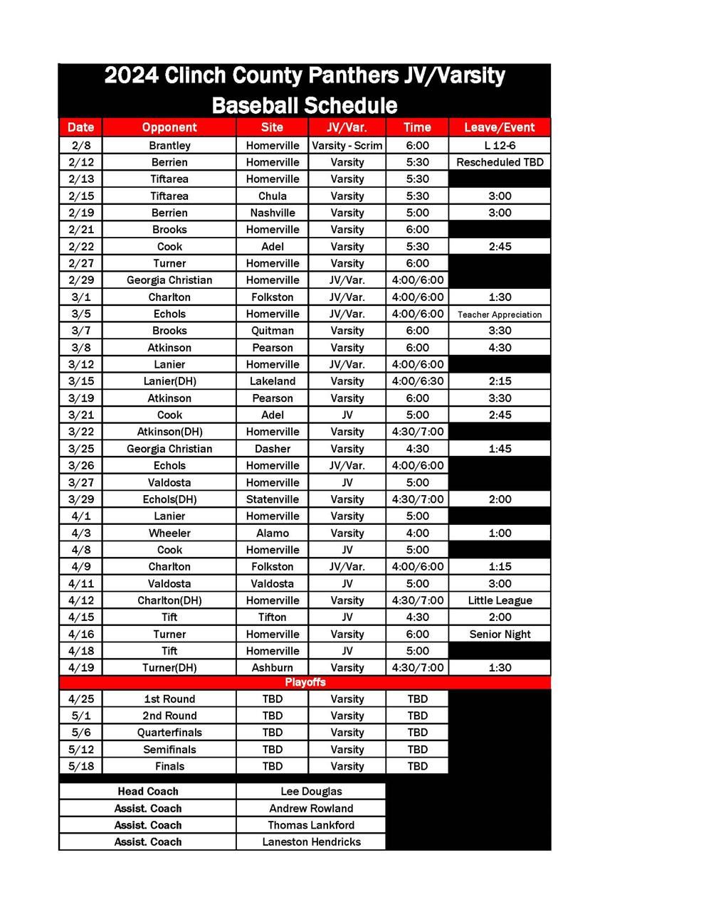 2024 BASEBALL SCHEDULE
